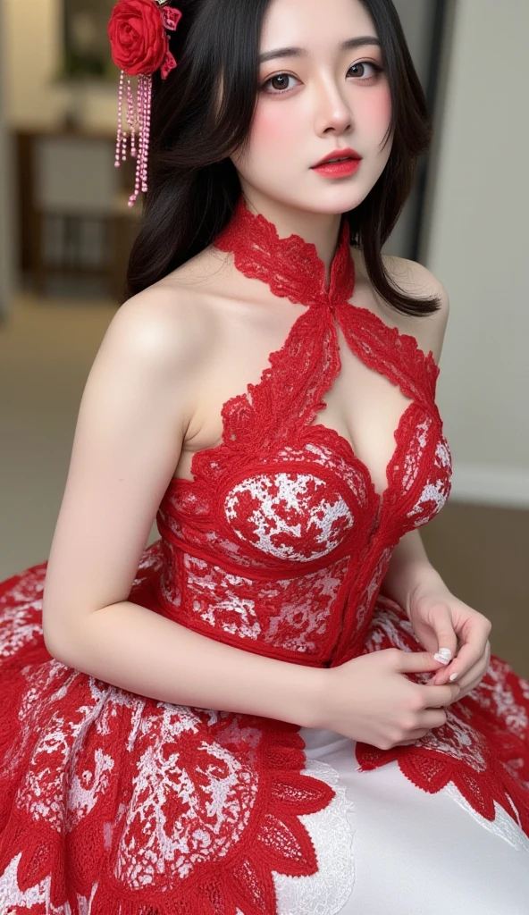  Female Adventurer , whole body, (masterpiece),  Best Quality,  Hi-Res, 4K, 8k, Detail view,  intricate detail ,  Movie Lighting, High image quality, 1 person、Elegant red and white lace style dress、A dress made of intricate and artistic red and white lace、Beautiful dress、Super Luxury Dress、 beautiful black hair, Great shade,  softwriting ,  facing the camera, Perfect Eyes