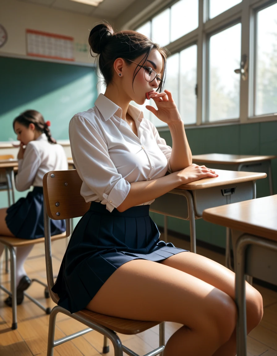 Girl sitting in a classroom, surrounded by classmates, masturbating and sucking her fingers while her teacher gives a class