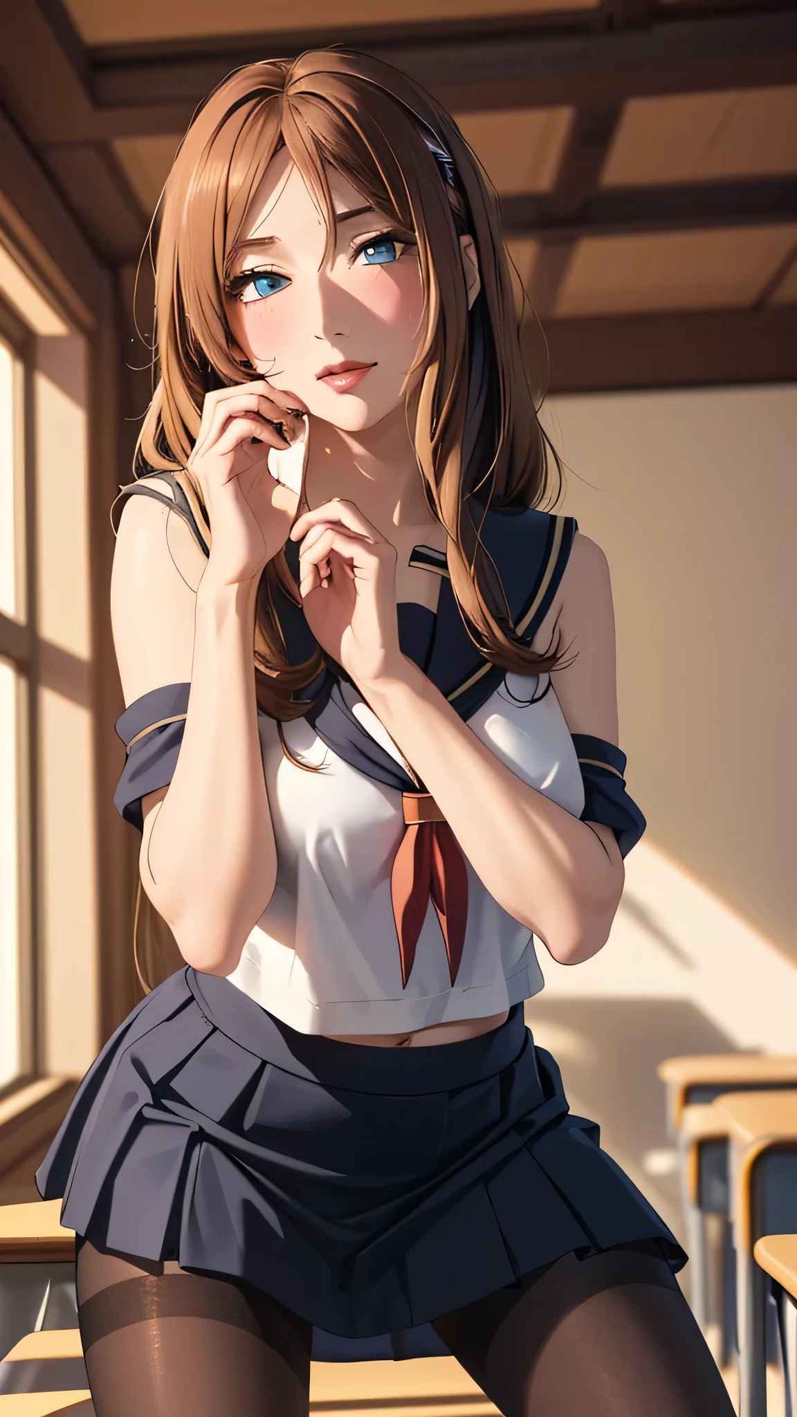 (Best Quality, 4K, 8k high resolution, masterpiece:1.2),  very detailed, 1 person, Bewitching Woman, (Long Hair,  blue eyes),School, open your legs wide , sexy vibe , Attractive legs, attractive breasts,  Magic Hour,((student)),(( black pantyhose)), (( sailor suit)),(( mini pleated skirt that blushes so much)),((Sexy Panties)),((blouse)),Focus on individuality ,   fine and beautiful eyes ,  beautiful lip detail,  Long eyelashes,  Vivid Colors, Photo Spot,Soft and warm colors,