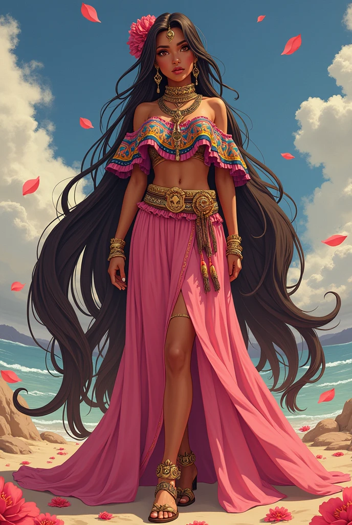 Hitomi Tanaka, solo, fullbody, brown long hair, brown eyes, humongous breasts, oppai, wearing an Arabian princess outfit consisting of giant inflatable satin princess Jasmine-style balloon pants, pink shoes & a simple bra. The pants are light pink and extremely puffy and completely round and completely spherical, high quality.