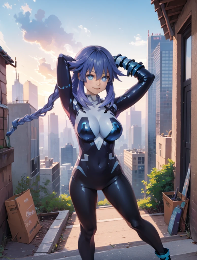  Masterpiece picture quality ，smile, style of anime，Punk Girl，in an anime style，dual horsetail, backwards, tight urban clothing, From the top of a skyscraper, from above, Pictured image view  