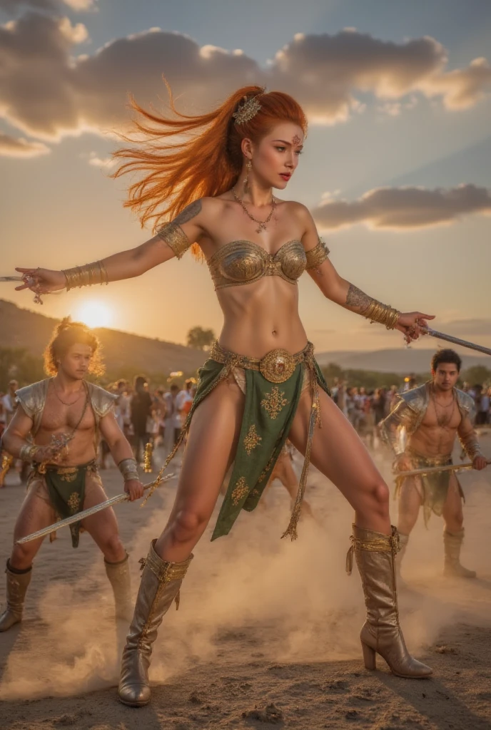 ( best quality,4K,8K, High Res,masterpiece:1.2), actual , super detailed,Sexy red Sonja in battle, Warrior Princess ,Flaming red hair,Sharp metal swords,Glittering armor,Fierce expression, Intense Battle Scenes ,The sight of battle,Chopping off enemy heads,Dynamic action poses, Power and strength ,Deadly attacks and blocks,Strong female protagonists,Dust and smoke,Determination in the eyes,Confident and fearless,Scenic sunset lighting, vivid colors , strong chin ,Slim and fit bodies,Epic fantasy artwork