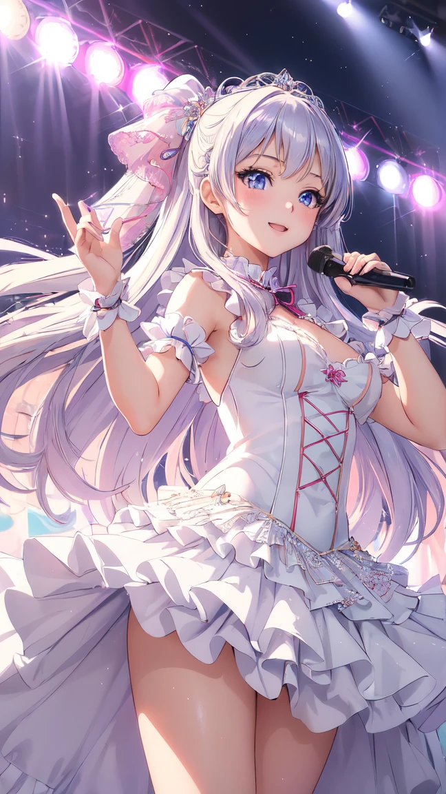 masterpiece、Soft Focus , Bright gradient watercolor、Tabletop, High resolution, 8k, Anime Women, Delicate and detailed writing 、Detailed digital illustration、high resolution, high quality、Detailed Background、Close-up photo、(((Two arms、Four fingers, One thumb)))、Detailed female face、Accurate Fingerasterpiece:1.2)、highest quality、High resolution、unity 8k wallpaper、(figure:0.8)、Highly detailed face、Perfect lighting、Highly detailed CG、(Perfect hands、Perfect Anatomy)、
One Girl、Looking at the audience、
Beautiful pink eyes、white hair bun、Plump and glossy lips、Heart-shaped choker、Idol、
pink IDOL costumes、Short skirt、Drape clothes、gem、The decoration has been removed、Floral、Lace trim、On a glittering stage、Showing affection to the audience、Uplifting、Sweat gushing forth、Singing on a microphone