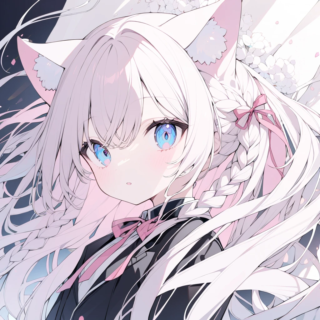 One white flowing braid、 blue eyes、Black blazer、Pink ribbon in hair、White cat ears