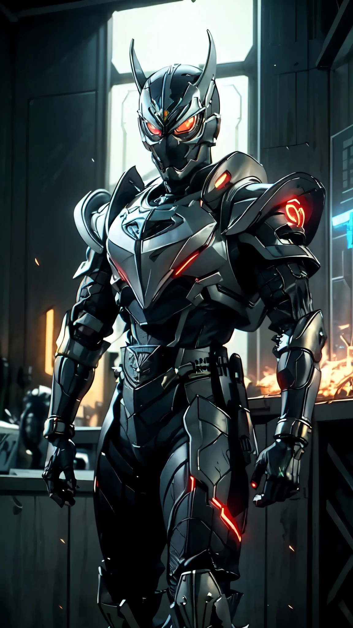 (masterpiece:1.5, best quality:1.5, extremely delicate:1.5), ((male:1.5)), a man wearing a full-face helmet, green eyes, fantasy-style high-tech biomimetic armored combat suit, (a composite layered chest armor), the design balances heavy with agility, fully enclosed shoulder guards, matching arm and leg guards, a belt of gemstone, (the color scheme is primarily White with Blue and Red accents, Organic Biotech, Concept Inspired by Skull, glowing eyes, armor glows, stand of a futuristic sci-fi city), this character embodies a finely crafted fantasy-style armored hero in anime style, exquisite and mature art style, metallic, high definition, highres, ultra-detailed, ultra-fine painting, professional, perfect body proportions, golden ratio, anatomically correct, symmetrical face, extremely detailed eyes and face, high quality eyes, creativity, RAW photo, UHD, 32k, Natural light, cinematic lighting, masterpiece-anatomy-perfect