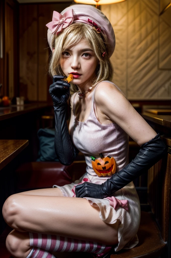 (1 lady), The beautiful, (Best quality at best:1.4), (ultra - detailed), (extremely detailed CG unified 8k wallpapers), gold blonde hair, very detailed, High-definition RAW color photo, professional photoshooting, amazing face and eyes, cosmetics, (amazingly beautiful girl), ((lambdadelta)), dress, shoes bow, red shoes, striped stockings, red bow, pink hat, necklace, gloves, pearl, pumpkin brooch, ((pink dress)), (Open-chested business shirt:1.2), sitted, (spread your legs), (Crotch is empty), clothes open,(Spread the shirt hugely:1.2),The skirt goes up to expose the buttocks,high waist thigh,show your legs,sexyposture,(Dark and stylish bar, drinks, lamp lights, lamp lights饰:1.3), (look from down)