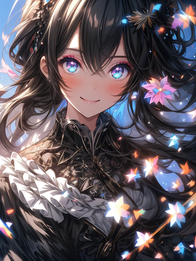 An extremely beautiful boy, (flat chest), 
portrait, 
Highly detailed beautiful face and Catchlighting big eyes, happy smile, blush, (heavy makeup), 
Black Gothic Lolita style outfit, layered outfit, Many ruffled skirt, Beautiful detailed embroidered skirt, layered skirt, (black tights)
Beautiful hair, long hair, black hair, 
solo, 1boy, 
(Masterpiece,8K,4K,Ultra High Quality,Super Detailed,Super Beautiful CG,A highly detailed illustration,best quality:1.3), (Outline:1.1), (light particles:1.1), (Lens Flare:1.1), 