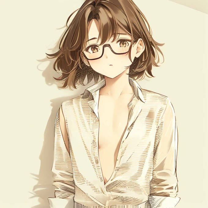 1 tomboy girl, rounded face, blush, disheveled short shaggy dark brown hair, brown eyes, glasses, (dreamy expression:0.8), (masterpiece, best quality:1.1), (sketch:1.1), paper, looking at viewer, upper body , detailed eyes , fully unbuttoned school shirt without underwear,