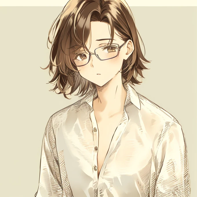 1 tomboy girl, rounded face, blush, disheveled short shaggy dark brown hair, brown eyes, glasses, (dreamy expression:0.8), (masterpiece, best quality:1.1), (sketch:1.1), paper, looking at viewer, upper body , detailed eyes , fully unbuttoned school shirt without underwear,