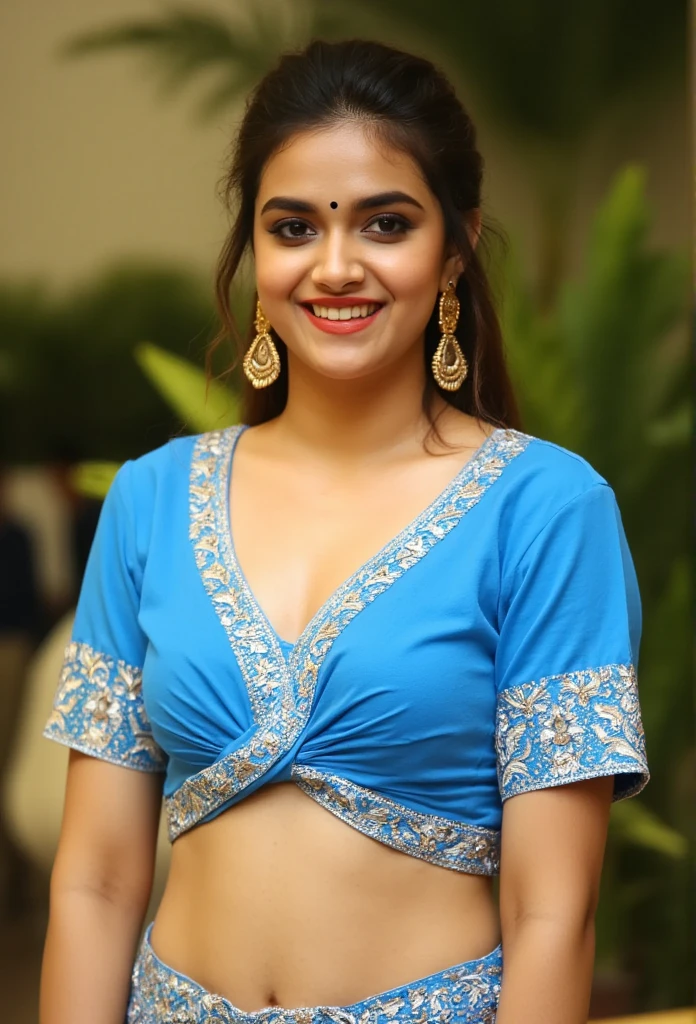 1 girl, strong girl, long hair styled in an elegant updo, looking at the viewer with a confident and radiant smile, wearing a short-sleeve traditional blouse with a knotted front, detailed embroidery on the sleeve edges, and a matching blue draped bottom piece with an embellished waistband. Exposed midriff and visible navel, highlighting her toned waist and curvy figure. She wears traditional Indian jewelry, including gold dangling earrings and a set of colorful bangles. Detailed, smooth skin with a natural glow, expressive and perfectly shaped eyes, small bindi on her forehead, and in an outdoor, natural setting with soft lighting,rakul preet singh
