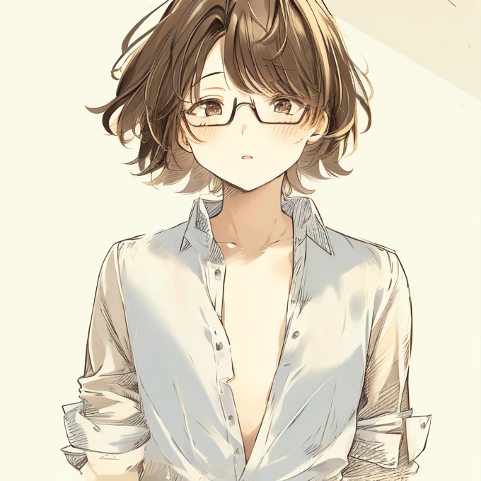 1 tomboy girl, rounded face, blush, disheveled short shaggy dark brown hair, brown eyes, glasses, (dreamy expression:0.8), (masterpiece, best quality:1.1), (sketch:1.1), paper, looking at viewer, upper body , detailed eyes , fully unbuttoned school shirt without underwear,