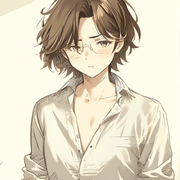 1 tomboy girl, rounded face, blush, disheveled short shaggy dark brown hair, brown eyes, glasses, (dreamy expression:0.8), (masterpiece, best quality:1.1), (sketch:1.1), paper, looking at viewer, upper body , detailed eyes , fully unbuttoned school shirt without underwear,