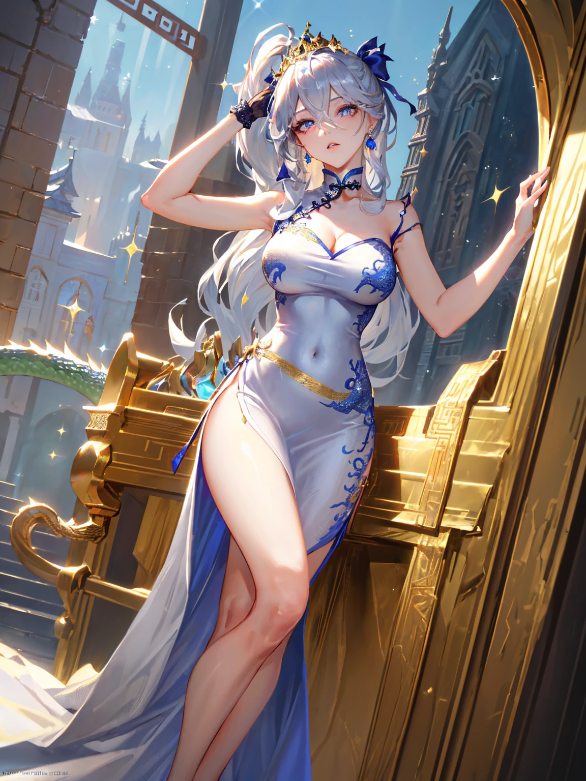 Very detailed, long, straight blonde hair, Silver and blue hair accessories, White and blue fantasy outfit, One Girl, Wide viewing angles, Big swinging bust, Very delicate depiction, Detailed depiction of the face, Detailed depiction of hair, Accurate skeleton, See-through dress, Elf Princess Knight, Beautiful long blonde hair,nsfw