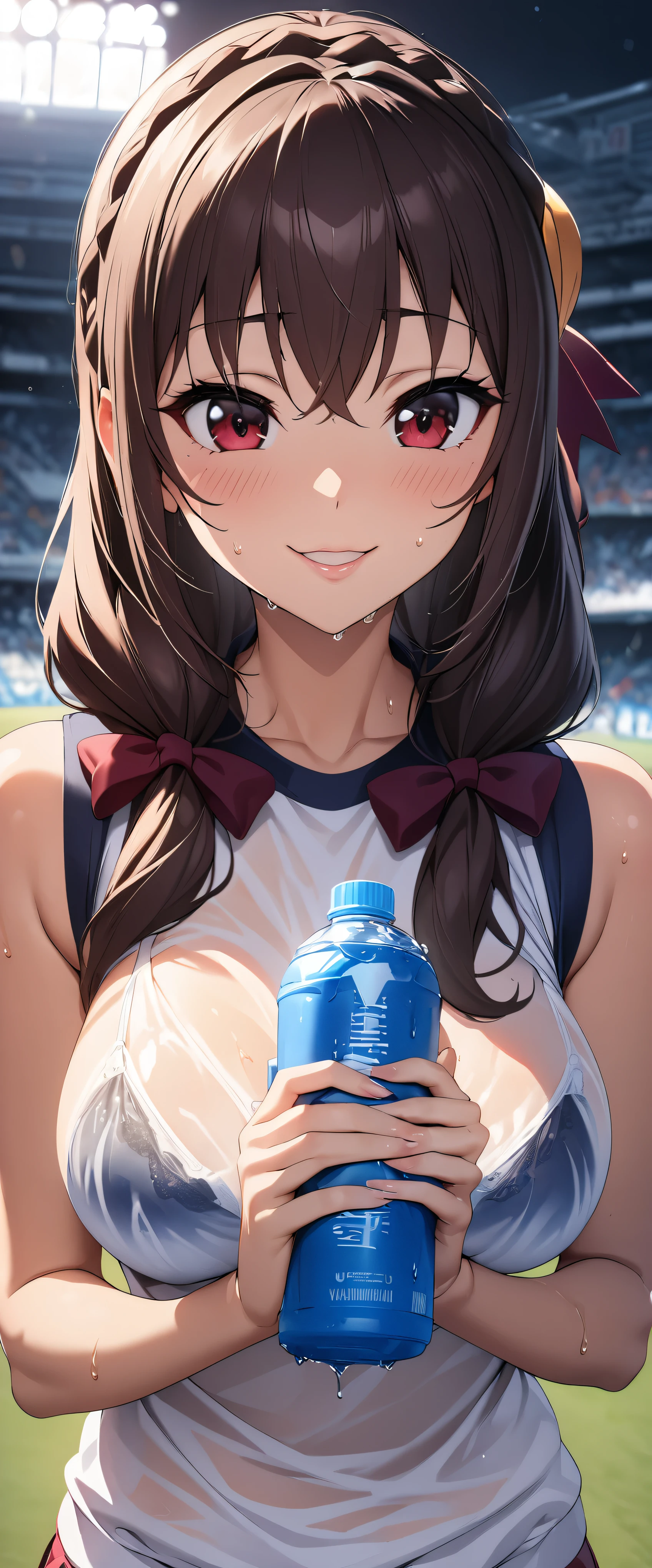 (((masterpiece)))、((Best Quality))、(Ultra-detailed)、(CG illustration)、(Very beautiful woman))、 cinematic light 、((1 Female))、 、(Beautiful and luxurious:1.2)、( One Woman :1.3)Sports Stadium,,((Japanese white sleeveless gym clothes),Wet with sweat,Beautiful ponytail,Drink a sports drink,,Yunyun,smile,Glossy lips,Her clothes are see-through and her bra is visible