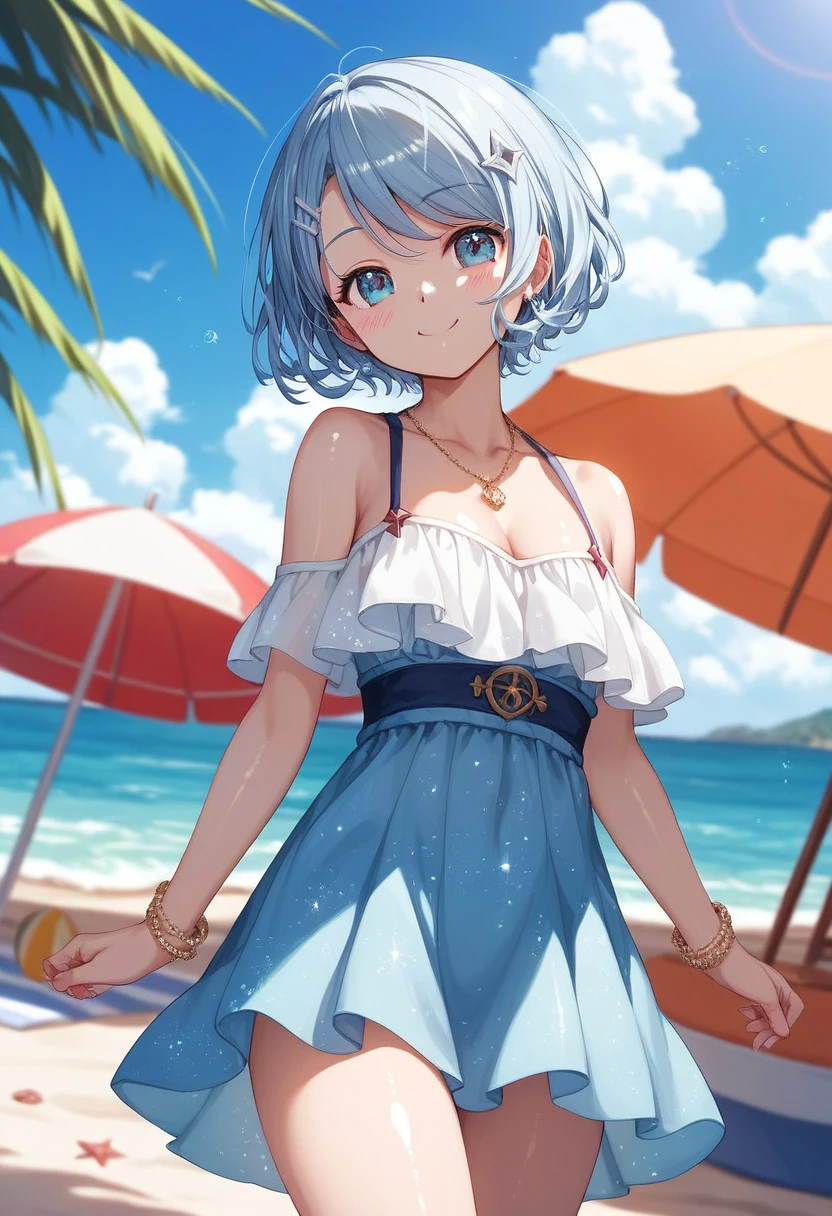 (masterpiece:1.2), (best quality:1.3), shallow_sunset, 1girl, blue_eyes, white_hair, straw_hat, swimsuit, dress, shorts, flower, starfish, <lora:theresa_swimsuit_v4:1>