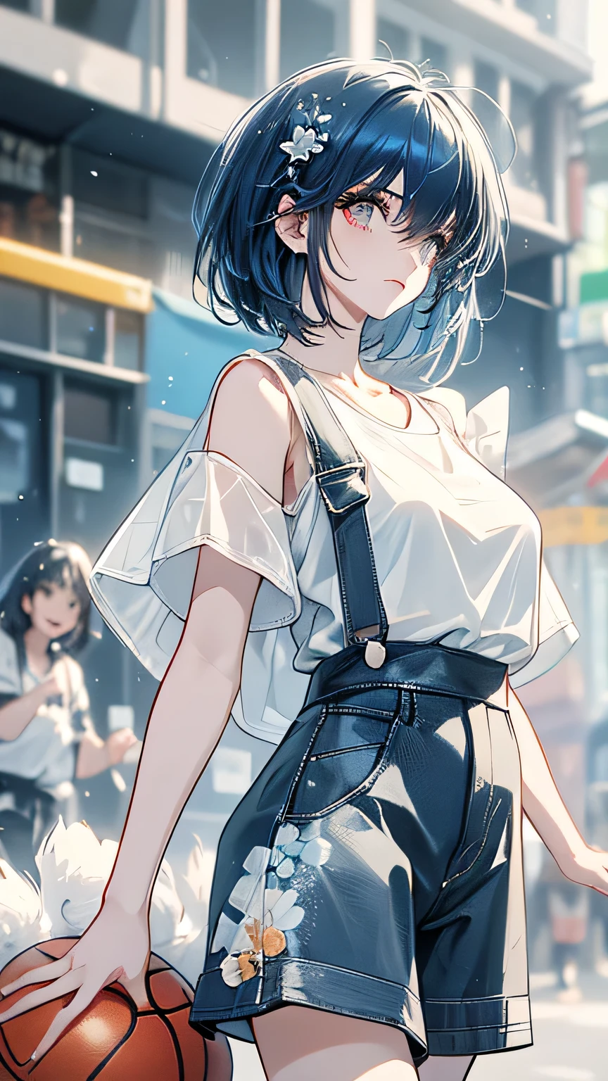 Beautiful girl, blue hair, short hair, loose, fluffy bob, flower hair ornament, white t-shirt, overalls, shooting, playing basketball, street court, slum, street scene