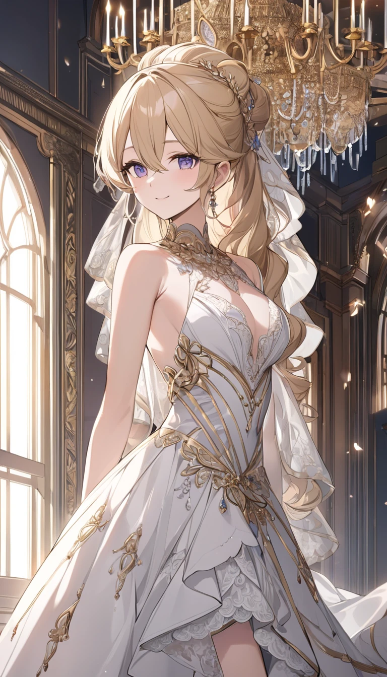 (((Best quality, 8k, Masterpiece: 1.3)), ((best quality)), ((masterpiece)), (detailed), perfect face, perfect body, (detailed skin:1.3), (intricate details), A regal queen with elegant blonde hair styled in an elaborate updo stands alone in a lavish palace room, posing for a portrait. She wears a splendid gown in pink and white, adorned with intricate lace, ribbons, and delicate embroidery, embodying the height of royal fashion. Her expression is soft and composed, with a gentle smile that exudes grace and confidence. Around her, ornate golden furnishings, tall windows, and rich draperies create a scene of opulent splendor, as if the very walls are admiring her presence. The atmosphere is one of admiration and grandeur, capturing her poised, royal elegance in this exquisite portrait.