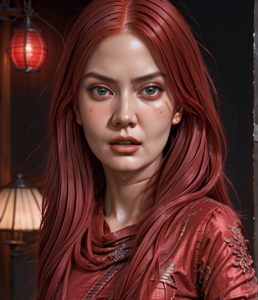 a woman with long pastel RED hair, dark eyes, wearing red ninja clothes, detailed face, elegant pose, highly detailed, intricate details, beautiful portrait, dramatic lighting, cinematic composition, vibrant colors, digital painting, concept art style, photorealistic, 8k, masterpiece, Open mouth