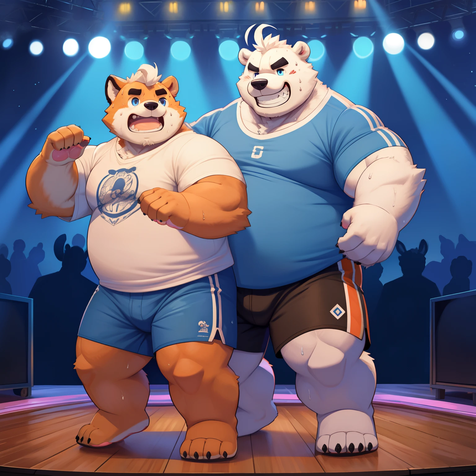 (New Jersey 5 Pelzig,polar bear ,pummelig,Fat,thick arms, Sturdy muscles ,((( white plush fur ))),Lonely,pummelig Face,(( black eyebrows )), sky blue eyes ,((ahoge)),(sweat),(Grin:1.2),(( real pink paw))),
BREAK
(another furry fox, Orange fur, frightened, shy ),(t-shirt),(Shorts),(Couple dance ),(stage),( Panorama :1.2),