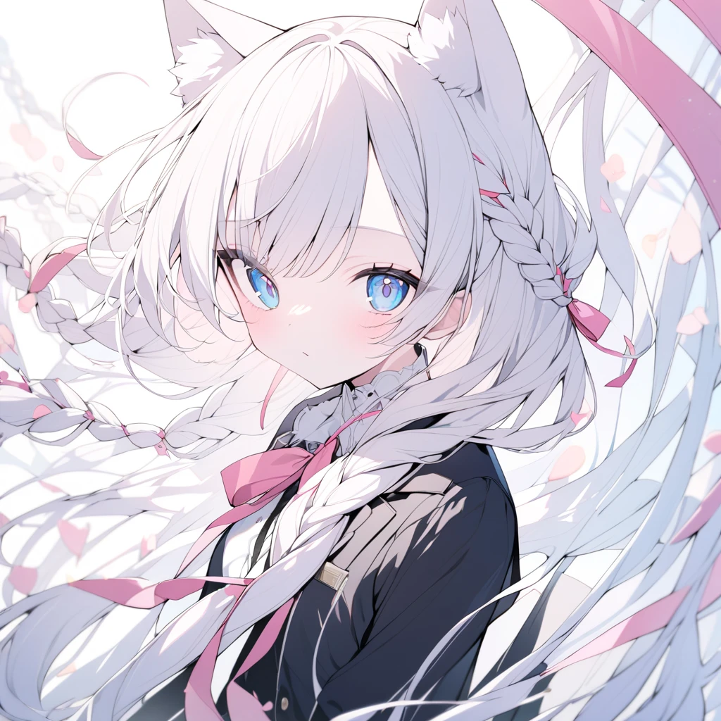 One white flowing braid、 blue eyes、Black blazer、Pink ribbon in hair、White cat ears、 1 girl