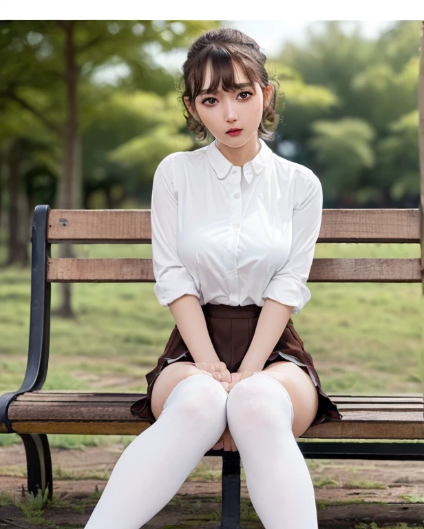 ((Medium Breasted, Small Head)), (Perfect body: 1.1), (young), (Short Wavy Hair: 1.2), (((school uniform)), (Highly detailed CG 8k wallpaper), (Very delicate and beautiful), (masterpiece), (Highest quality: 1.0), (Ultra-high resolution: 1.0), Beautiful lighting, Realistic Shadows, [High Resolution], (((Realistic Skin))), Super detailed, The thighs are a little thick, ( Beautiful long hair), Beautiful big,(blush)Photorealistic, Realistic Face, Realistic eyes, (Small eyes), (eyeliner), (mascara), sexy, (sexy woman), (Adult female), (Dark brown hair), Photo of a 20 year old woman, (White lace panties), (Sitting with legs wide spread on a wooden chair in classroom), Blurred Background,(Black high socks),( White shirt), loafers, Black socks, (Black tie), (Black pleated skirt), bangs, Brown footwear, (Shiny big), Education, (Clear brown eyes),Sitting, Panty shot, Spread your legs wide, (the whole body is shining) (Shiny on the body), ((Spread your legs wide)),fold your hands behind your back, Shiny legs, Shiny legs, Sweat, (Shiny legs), Absolute area, Spread your knees wide, Knees wide open, Black knit cardigan, ((Spread your legs), (Lift your legs), The body is slim), Top view, ((Japanese girls&#39; high school uniform)), (legs Sitting bending knees)