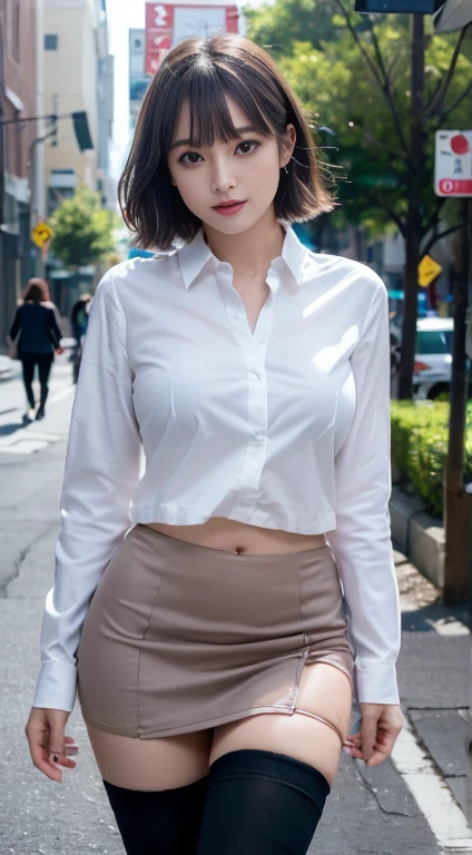 a 18 year old face of the most beautiful actress in the world, the perfect body proportions of a female, formal shirt being worn on upper body is tight thanks to large breasts, labia under clitoris are seen through panties, bare thighs are erotic, short hair cut above the ears for a female, standing, at the city street, best quality, highly detailed, masterpiece, ultra high res, photo realistic, 8k