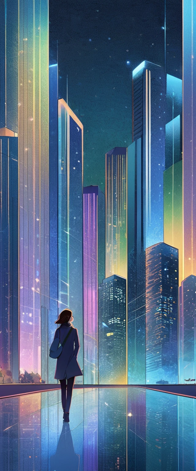 (masterpiece, Best Quality,  very detailed, 8k wallpaper),  skyscrapers ,night, iridescent , sharp、Straight、reflection、shape