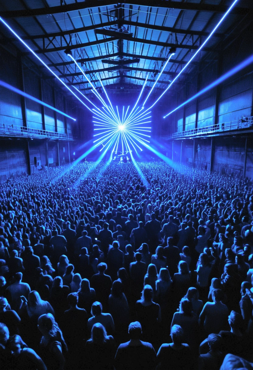 Film Grain style,A photograph of the interior of an industrial warehouse rave, with blue lasers and white lights shining down on hundreds of people dancing, seen from above in the style of moody dark blue lighting, minimalist stage designs, geometric line design, concert photography, dark sky-blue and gray, large crowd view, crowds gathered, centered in the frame, with a symmetrical composition.


