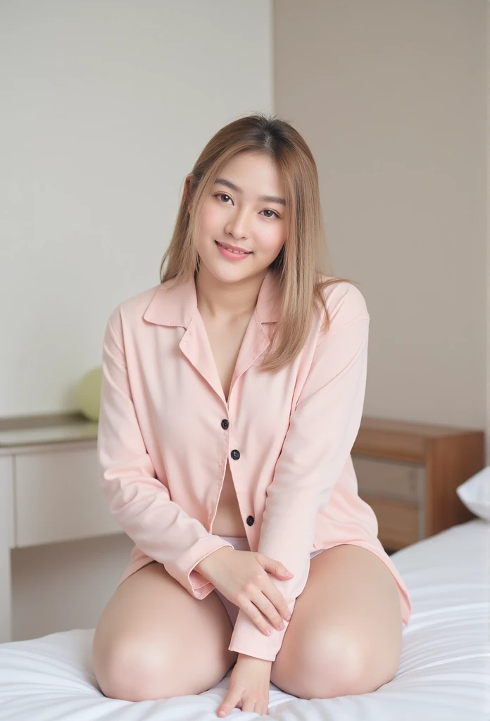 RAW, Best quality, high resolution, Masterpiece: 1.3), Beautiful Malay woman, Masterpiece, Perfect slim body, ((Huge breasts)), Beautiful big eyes, water eyes, Soft smile, ((wearing pink pajamas with buttons:1.3)), tight trousers, ((closed clothes), ((polite clothes)), windy, skin details, skin texture details, wide hips, thick thighs, sexy body, night time, laughing, happy, night atmosphere, bed room, blurred background, bokeh, deep shadow