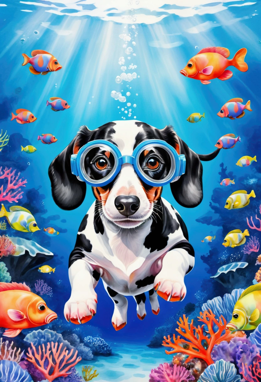 A black and white Cow swimming underwater wearing goggles, surrounded by colorful coral reefs. Illustration in the style of a watercolor painting, with a white background. showcasing lively expressions of playful dachshund puppies.