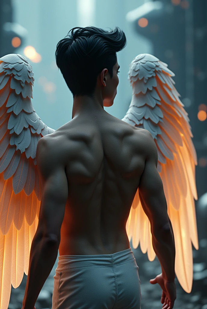 short haired guy with angel wings 6 wings 6 pack body wearing open chest shirt with chain necklace, 8K high definition sun cloud scene, Best quality, Masterpiece, Ultra high definition, ( Realism: 1.4), Original image, (Actual skin texture: 1.3), (Film grain: 1.3), (Panoramic angle )