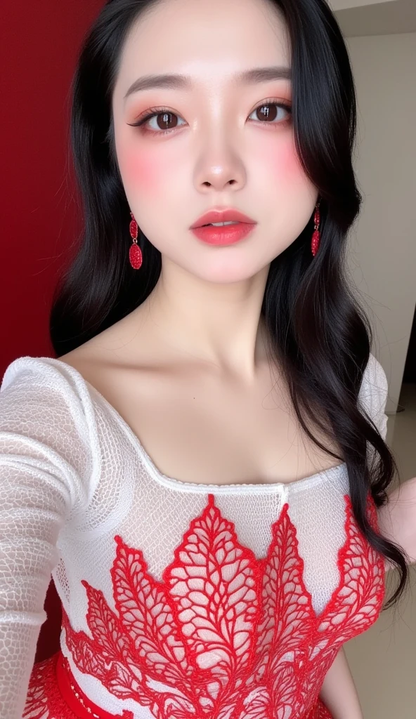  Female Adventurer , whole body, (masterpiece),  Best Quality,  Hi-Res, 4K, 8k, Detail view,  intricate detail ,  Movie Lighting, High image quality, 1 person、Elegant red and white lace style dress、A dress made of intricate and artistic red and white lace、Beautiful dress、Super Luxury Dress、 beautiful black hair, Great shade,  softwriting ,  facing the camera, Perfect Eyes