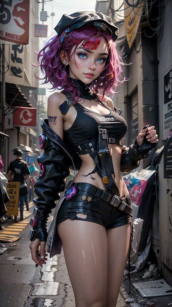 Beautiful woman medium hair, wearing cap, cyberpunk style short clothes