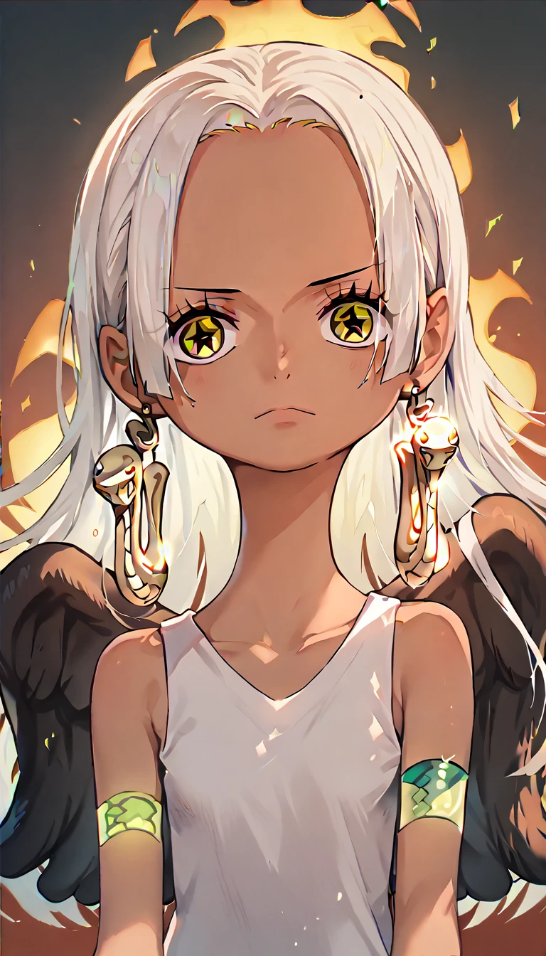 1 Girl,Earthsnake , Long Hair, white hair, Brown Skin、,  earrings for a woman alone, Yellow Eyes, symbol-shaped pupils,   black wings  ,  small breasts.  sundress,  white dress,  sleeveless, armlet、 cute、Flames on the back、