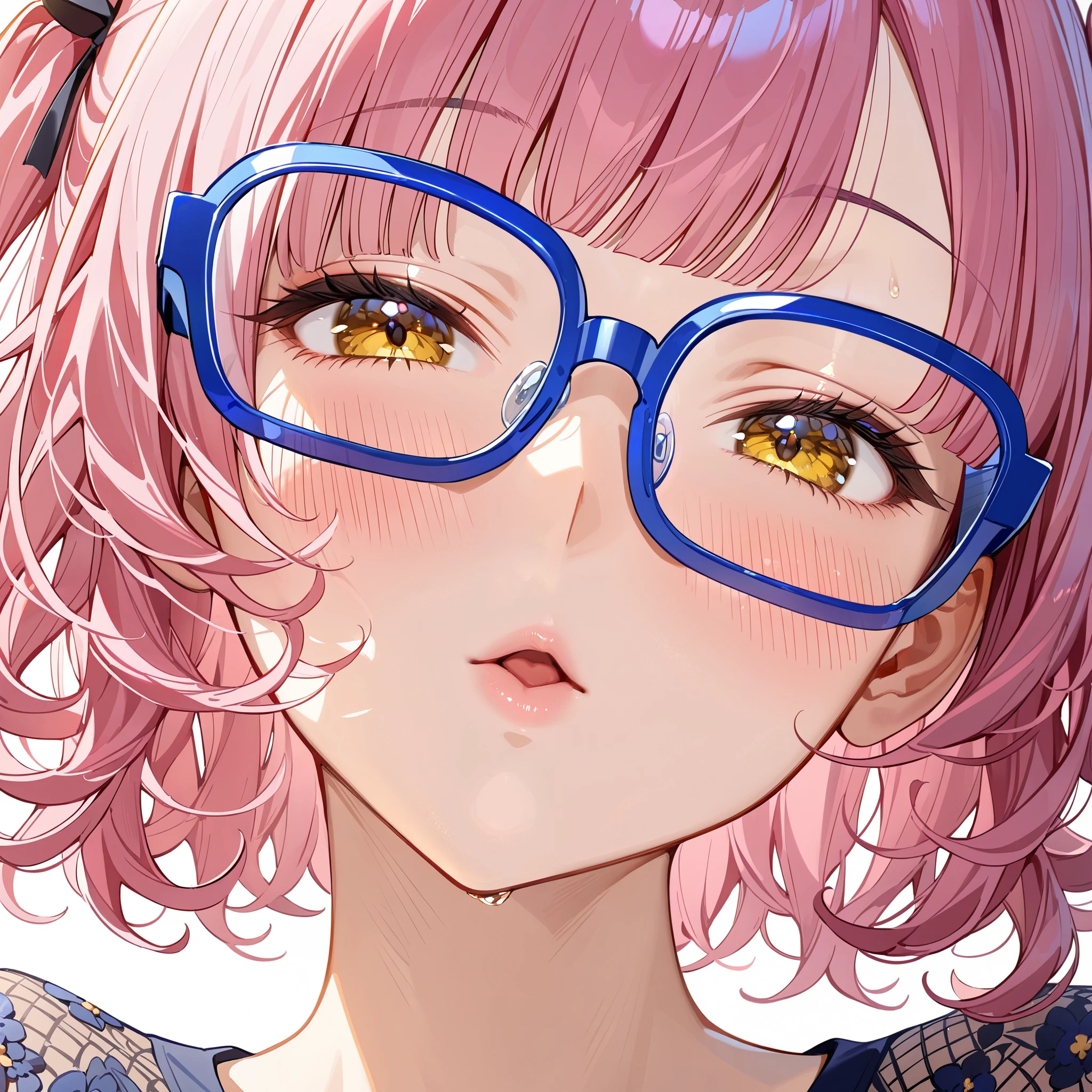 incoming kiss expression, extreme close up, (blue-frame eyewear:1.3), blush, head tilt, closed eyes, Beautiful mature woman, yellow eyes, pink hair, blunt bangs, medium short hair, wavy hair, (two side up:1.2), face only shot, masterpiece, best quality, ultra detailed, intricate detailed, highly detailed skin