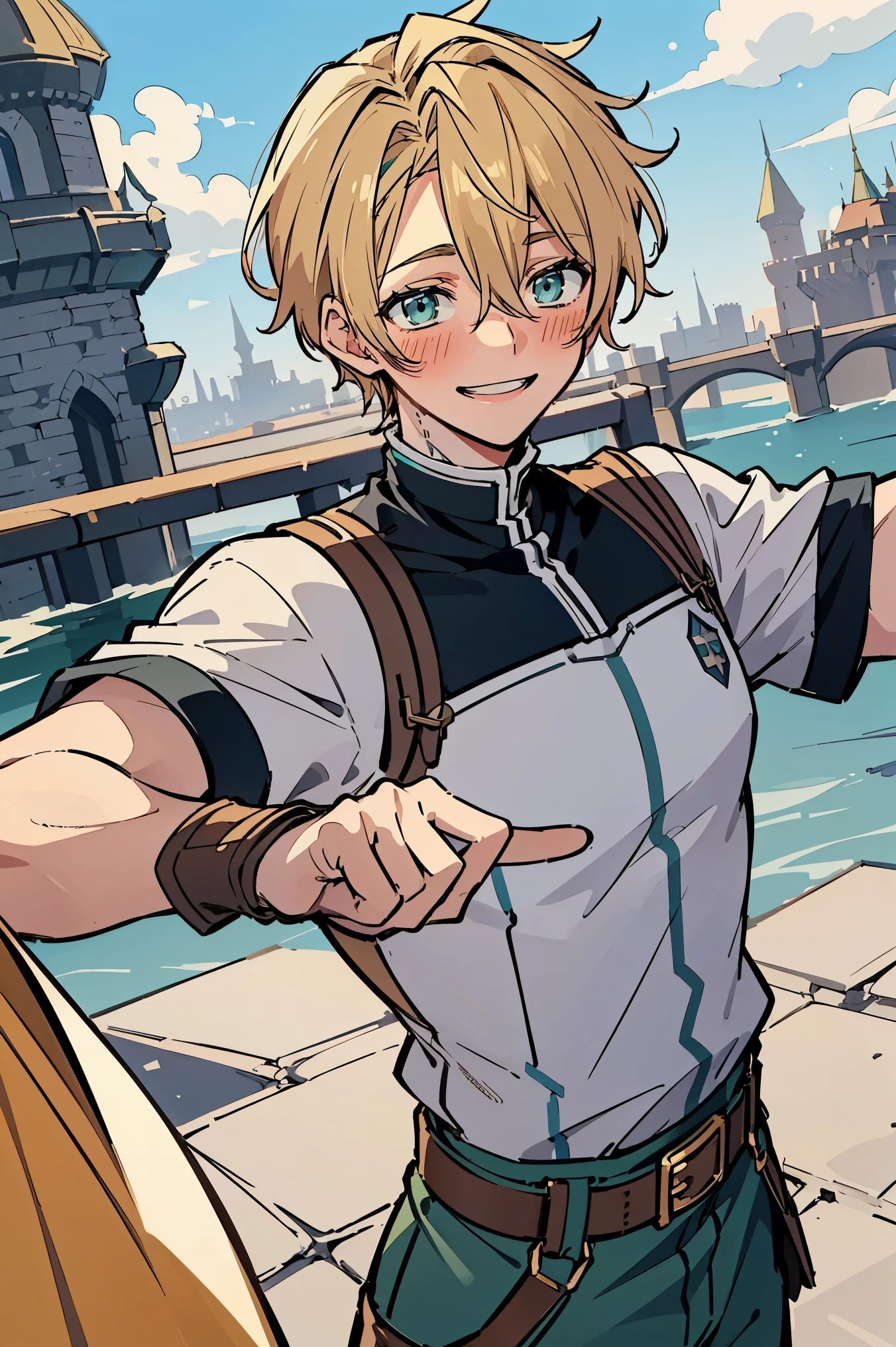 (masterpiece, best quality:1.2), 1boy, solo, aiden d adams, blonde hair, blue eyes, buckle, smiling, open mouth, blush, green eyes, looking at viewer, male focus, pants, short hair, smile, teal eyes, short hair, short sleeves, uniform, military, military uniform, background with((camelot kingdom, castle, sky, sea, shining sunlight:1.2))