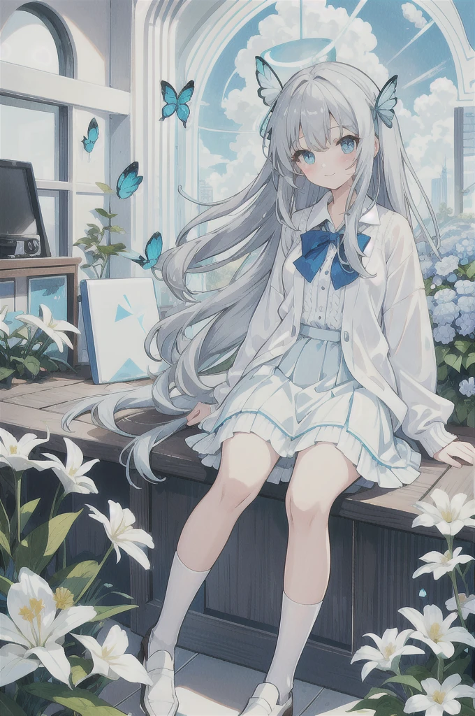 (mmd style), wlop, chen bin, ciloranko, omone hokoma agm, ask (askzy), god light, 1girl, solo, green eyes, long hair, bug, book, hair ornament, hat, white pantyhose, butterfly, no shoes, looking at viewer, pantyhose, feet, blush, long sleeves, bangs, sitting, black headwear, white hair, skirt, ahoge, x hair ornament, hair between eyes, open mouth, smile, blue butterfly, capelet, sweater, sleeves past wrists, hairclip, beret, book stack, :d, very long hair, black capelet, black skirt, knees up, legs, toes, can, hand on own knee, frills, between legs, soles, bow, indoors, hand between legs, plant, puffy long sleeves , , mikozin, wlop, tianliang duohe fangdongye