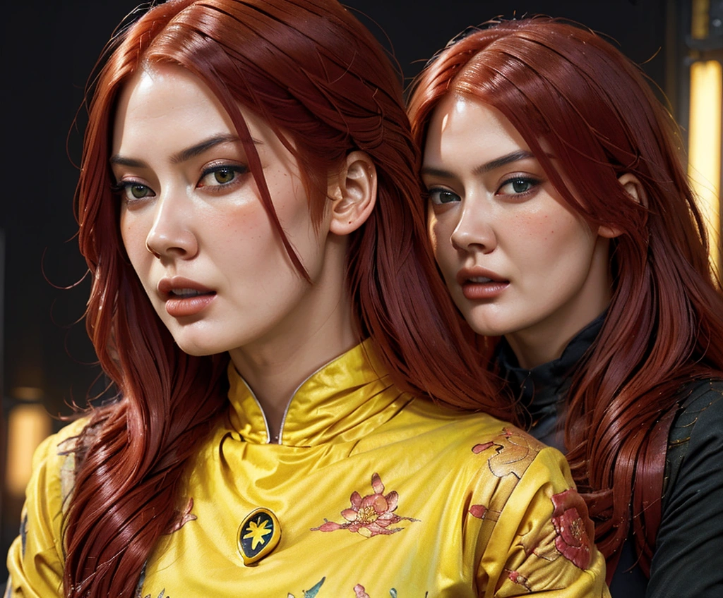 a woman with long pastel RED hair, dark eyes, wearing YELLOW ninja clothes, detailed face, elegant pose, highly detailed, intricate details, beautiful portrait, dramatic lighting, cinematic composition, vibrant colors, digital painting, concept art style, photorealistic, 8k, masterpiece, Open mouth