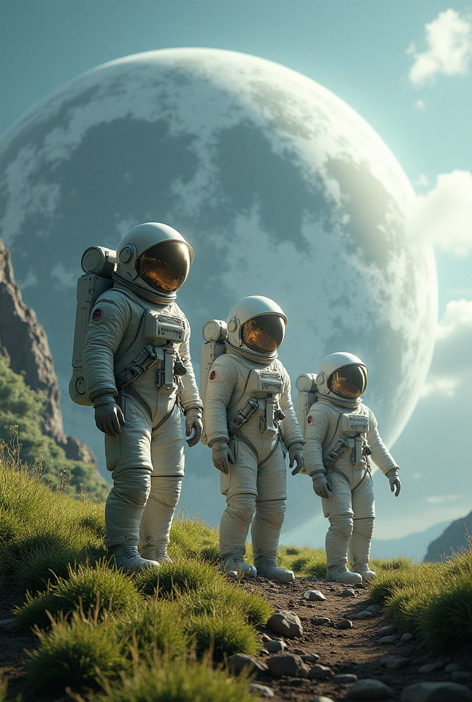 A capa do jogo de tabuleiro apresenta quatro astronautas adultos, in epic poses, wearing unique spacesuits each of a different color, in front of a fascinating planet with six moons in orbit, ultrarealista , altamente pormenorizado