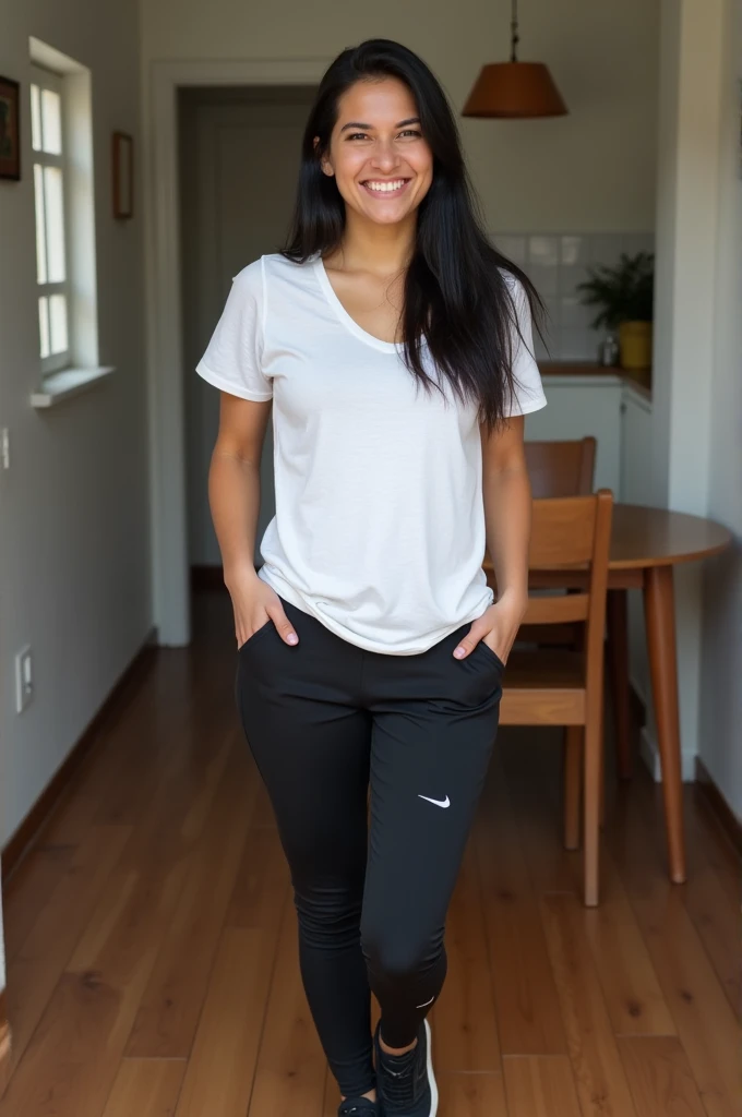Laura is a very small typical Argentine woman, she is just 1.49 meters tall and 32 years old. with 5 pounds of extra weight right now,With very hice big boobs, Her hair is straight, very black and long. She always wears her natural skin without makeup. She wears a white cotton t-shirt and lycra leggings. black, Nike running shoes, the image is a photo of her in the middle of the dining room of her small house in the city of Buenos Aires, she smiles posing for the camera
