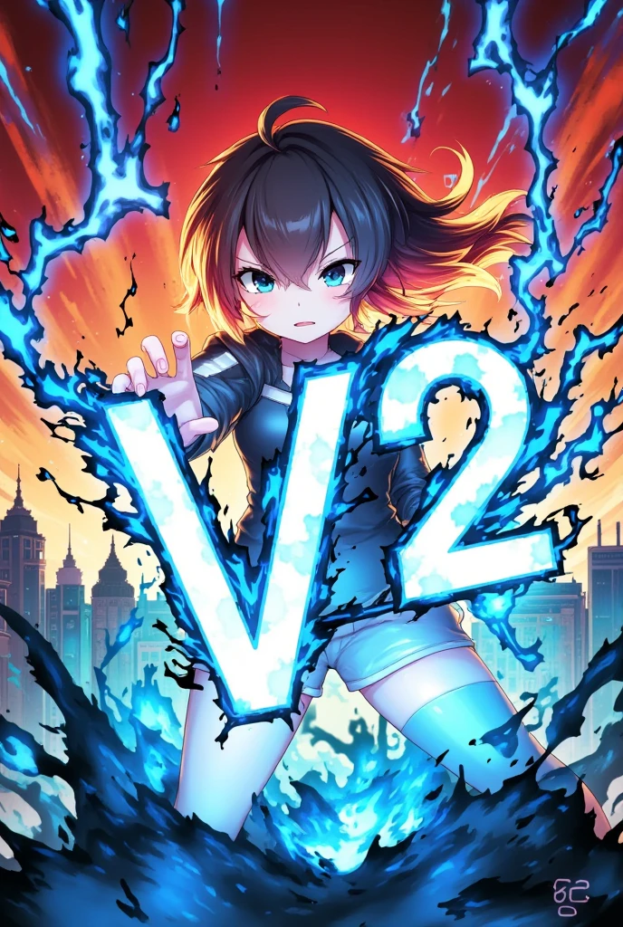 Japanese anime,SHN style ,1 girl is having the electric  forming the letters "V2" ,. Colorful