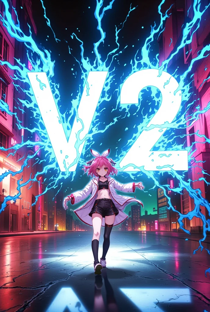 Japanese anime,SHN style ,1 girl is having the electric  forming the letters "V2" ,. Colorful