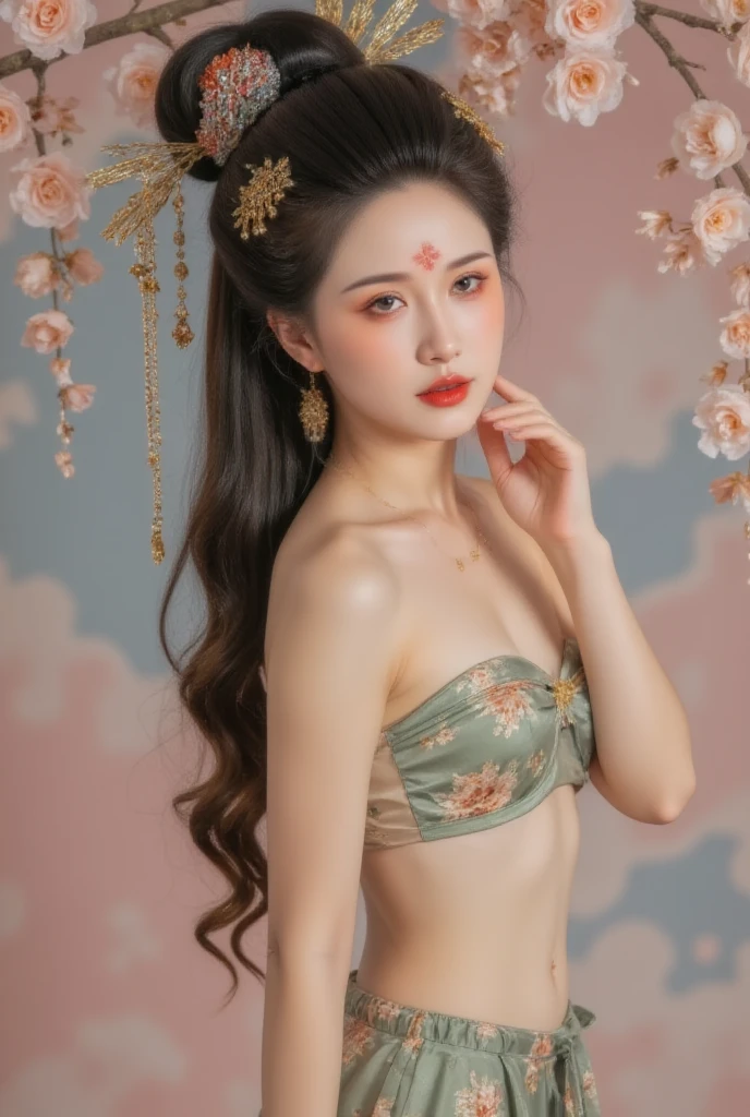  a beautiful young woman ,  Detailed Facial, Long eyelashes, The gaze,  long flowing hair,   Elegant Posture  ,  knee-length skirt , fitted top ,  perfect figure ,   intricate floral pattern, dreamlike fantasy landscape, ethereal lighting,  pastel palette, Cinematic Composition, ( best quality,4K,8K, High Res,masterpiece:1.2), super detailed,( actual ,photo actual ,photo- actual :1.37),fantasy,Digital painting ladyboy 