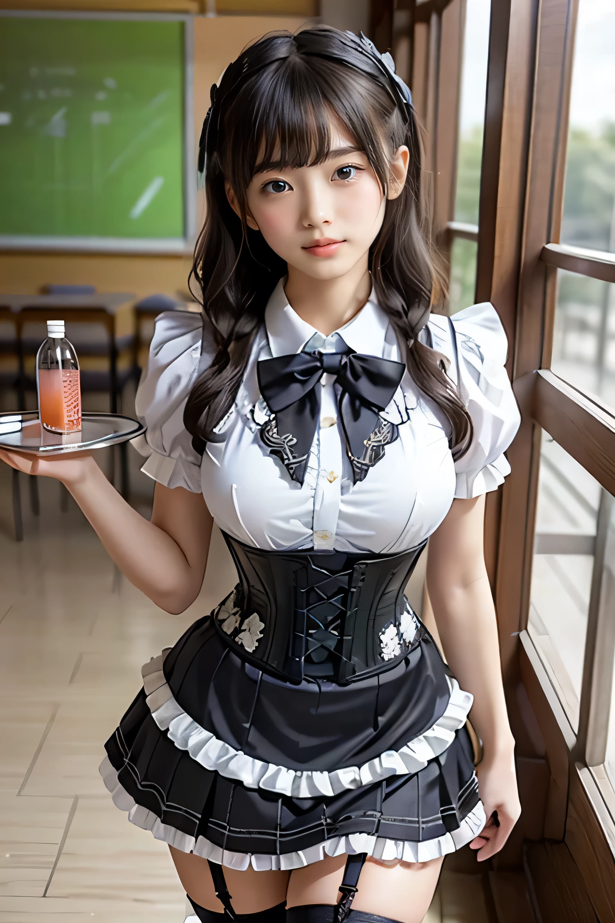 Bar,1girll,twintails,brown  hair，Qi bangs，curlies,maid,Flying,White sailor suit and short skirt,pink bows,-yeld fee model,Side,