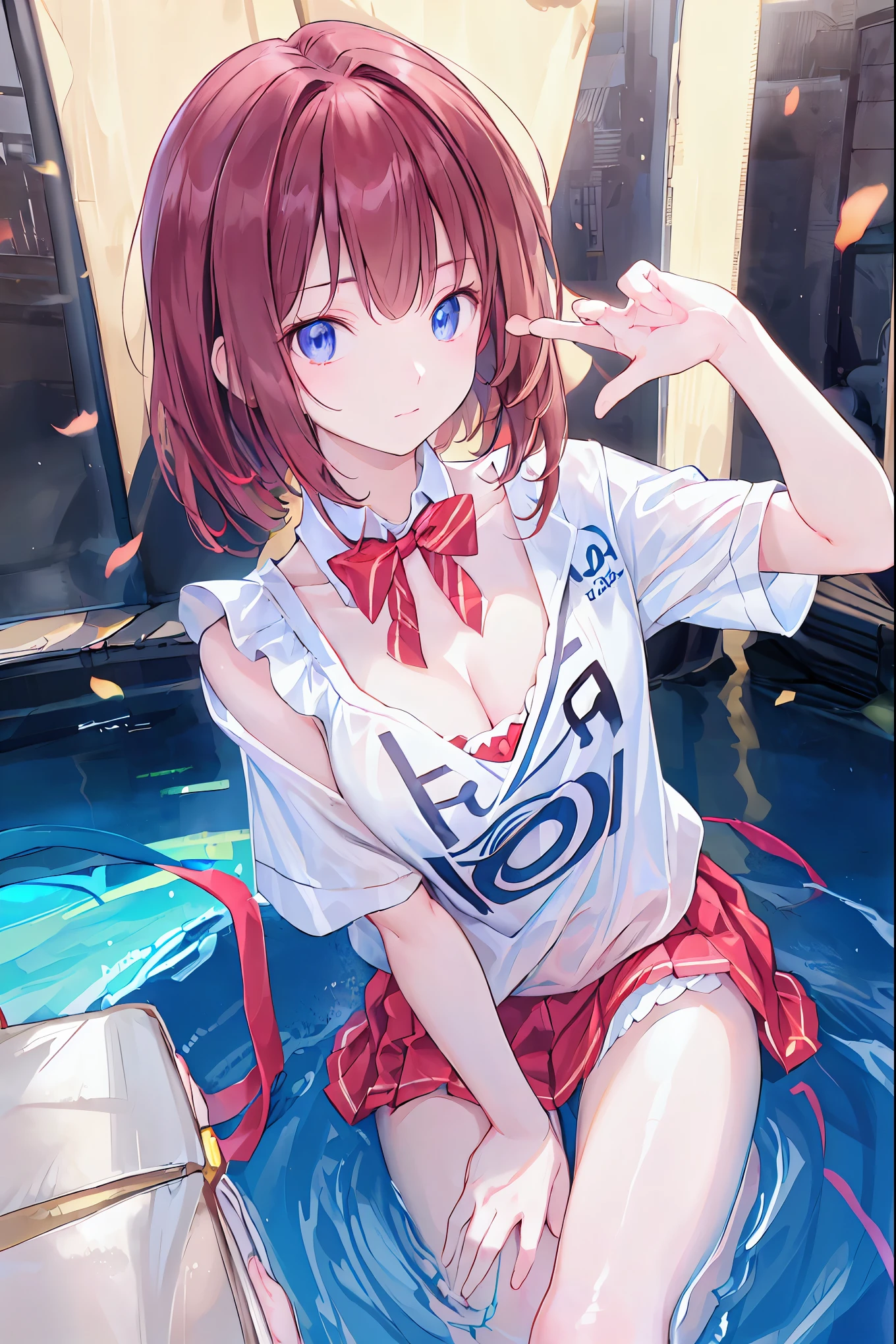 Anime Girl with red hair and a blue dress sitting on a white surface, seductive Anime Girl, (Anime Girl), Beichuan Ma Lin fan art, Double tail white_Gloves, Anime cute art style, cute Anime Girl, Double tail, , Ecchi anime style, Anime Girl, 穿着漂亮裙子的可爱Anime Girl, pretty Anime Girl, Fleet Collection Style