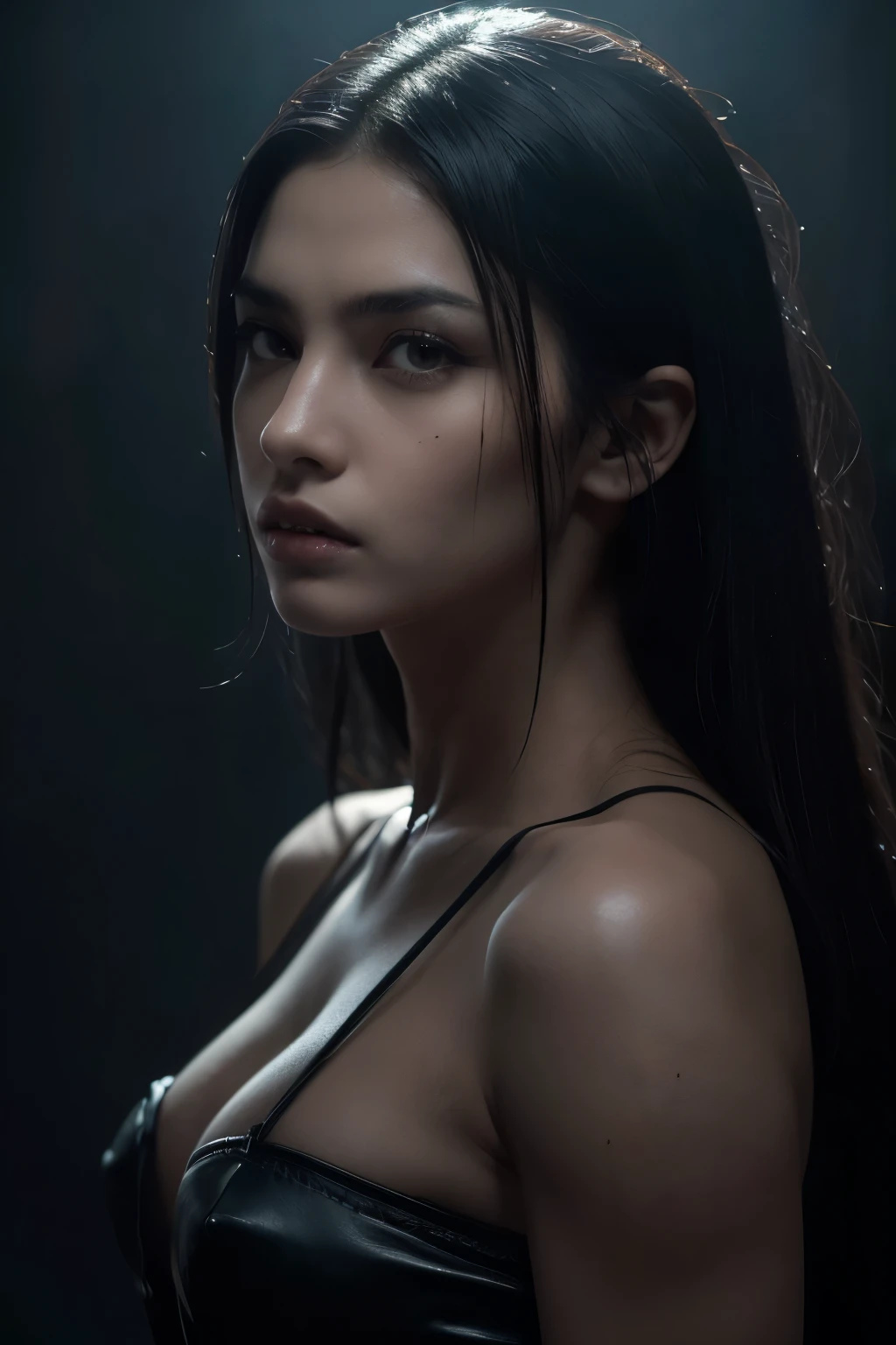 (Close-up, An editorial photo of a ((27-year-old woman)), (Highly detailed face:1.4) (Smile:0.7) (background inside dark, Moody, Private study:1.3) angle of view, by Lee Jeffries, Nikon D850, film stock photograph ,4 Kodak Portra 400 ,Camera f1.6 shots ,Rich colors ,Ultra photo realsisim , ( wearing red t shirt), ((hot ass)), half body-shot, Lifelike texture, Dramatic lighting , cine still 800, (hot cleavage, ( wearing black (t-shirt), (hot figure), ((swety body)), wearing (leggings), ((sweaty body)), (blue tone lighting effect) (shiny skin due to sweat: 0.3), glossy lips:1.5,