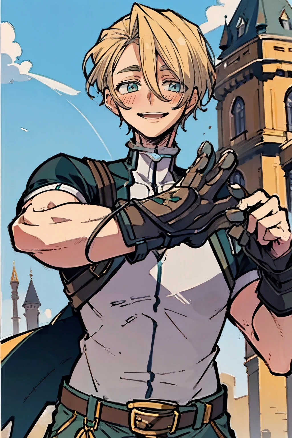 (masterpiece, best quality:1.2), 1boy, solo, aiden d adams, blonde hair, blue eyes, buckle, smiling, open mouth, blush, green eyes, looking at viewer, male focus, pants, short hair, smile, teal eyes, short hair, short sleeves, uniform, military, military uniform, background with((camelot kingdom, castle, sky, sea, shining sunlight:1.2))