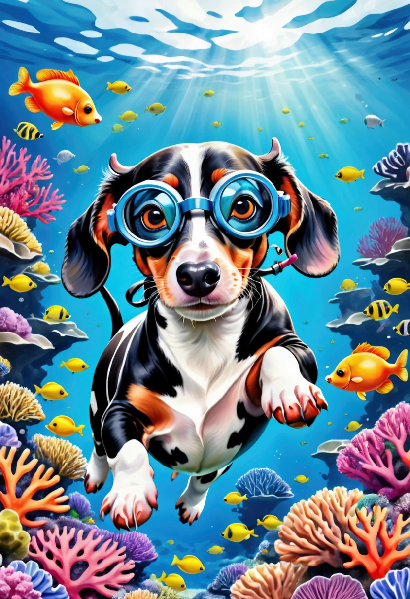 A black and white Cow swimming underwater wearing goggles, surrounded by colorful coral reefs. Illustration in the style of a watercolor painting, with a white background. showcasing lively expressions of playful dachshund puppies.