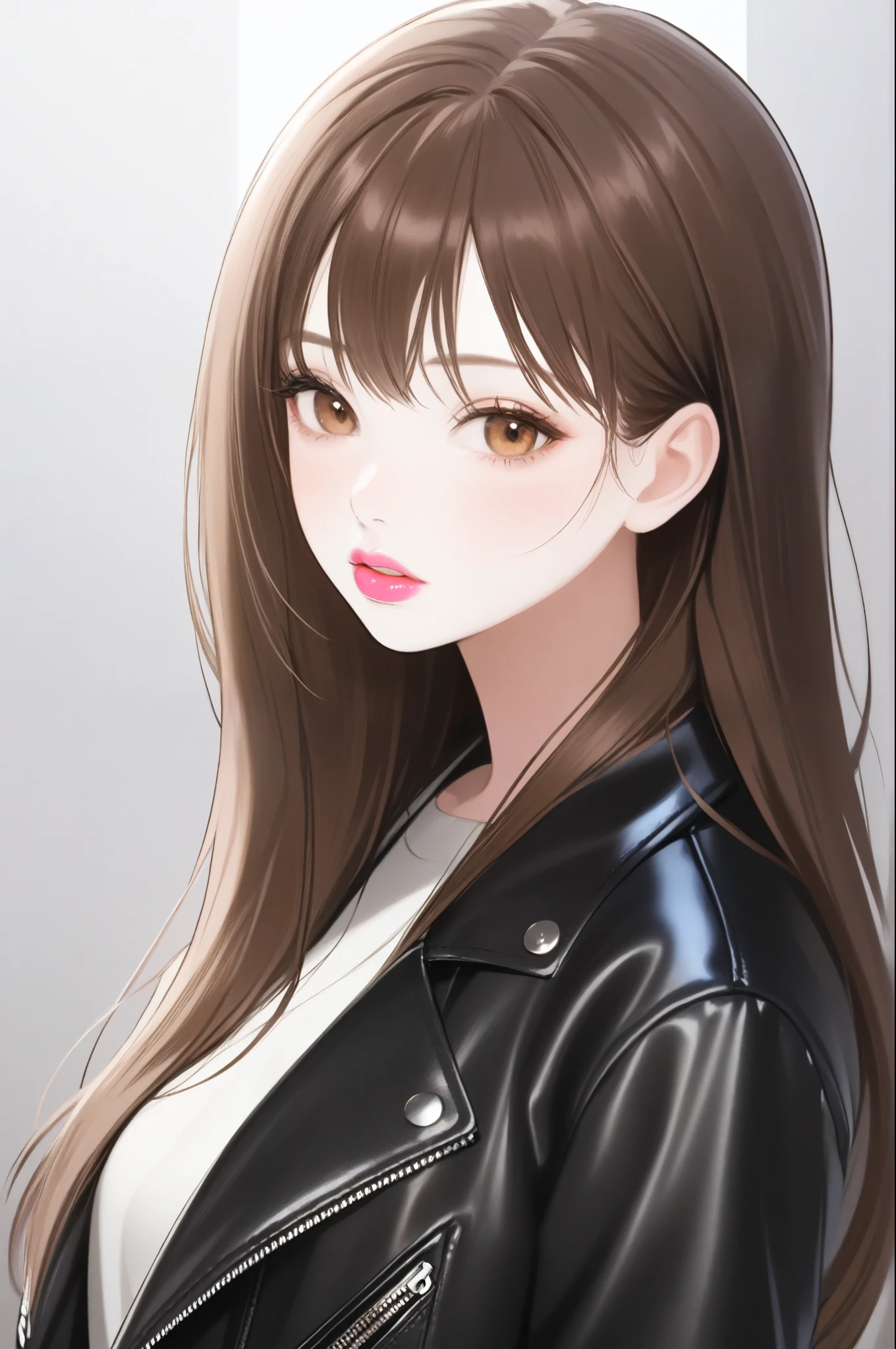Girl, long brown hair, brown eyes, sharp features, white skin, pink lips, perfect smooth flowing hairstyle, sweater, leather jacket.