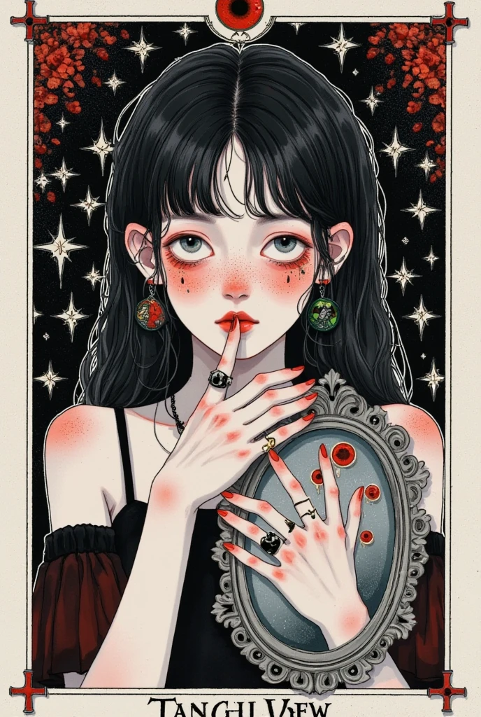 a girl with tear in mirror, dark gothic tarot card, stars curtain border, watercolor art, head tilt, bangs, upper body, ring, dark gothic art, black and red